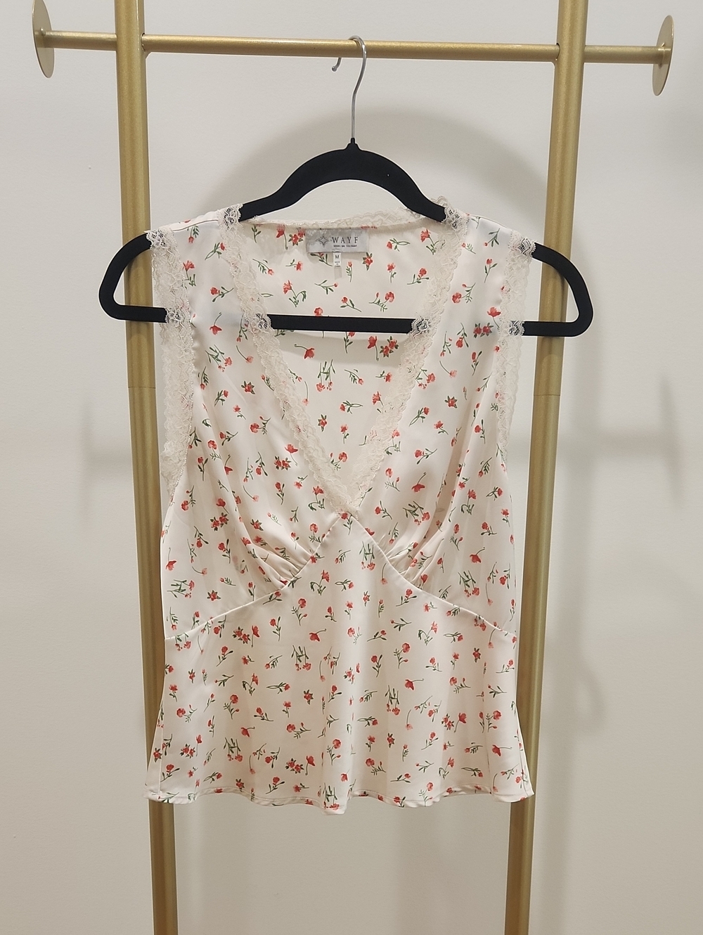 Wayf Cream Floral Lace-Trim Camisole with Red Print